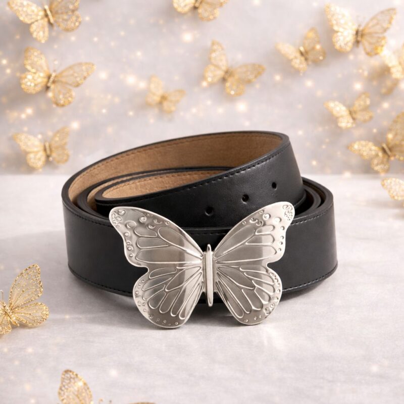 חגורת עור עם פרפר כסוף