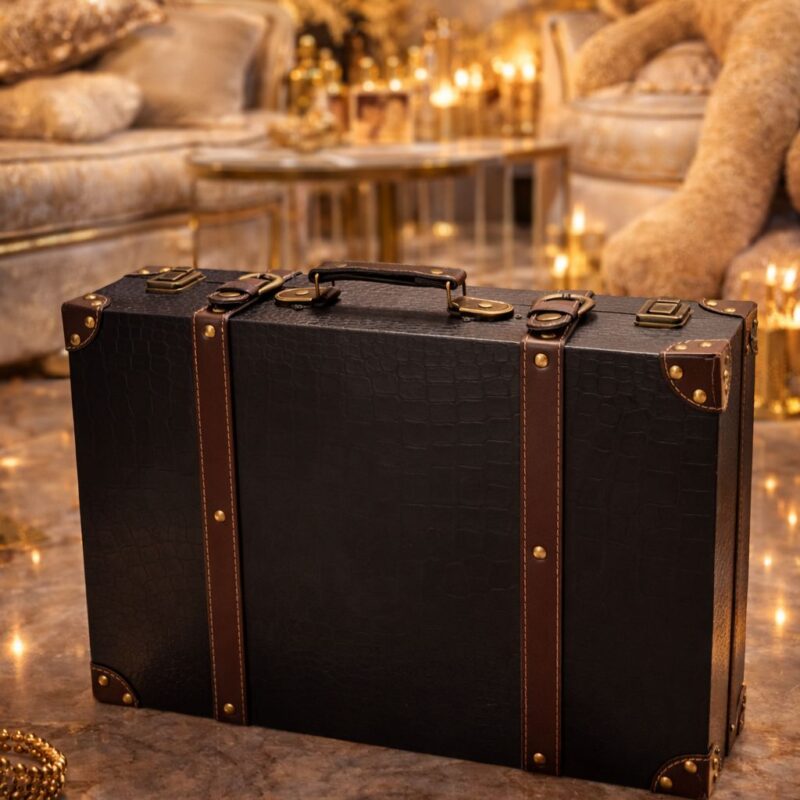 מזוודת עור שחורה מעור אמיתי עם רצועות חומות גודל ענק